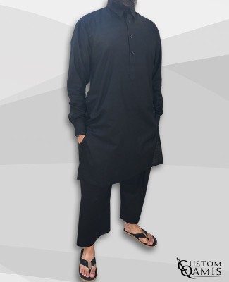 Pakistani set black with collar and sarouel straight cut