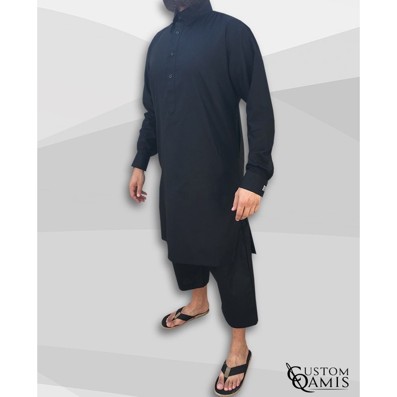 Ensemble Pakistannais noir à col avec serwel coupe qandrissi