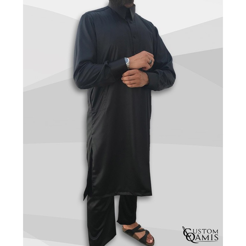 Ensemble Pakistannais Noir col Qatari avec serwel coupe droite