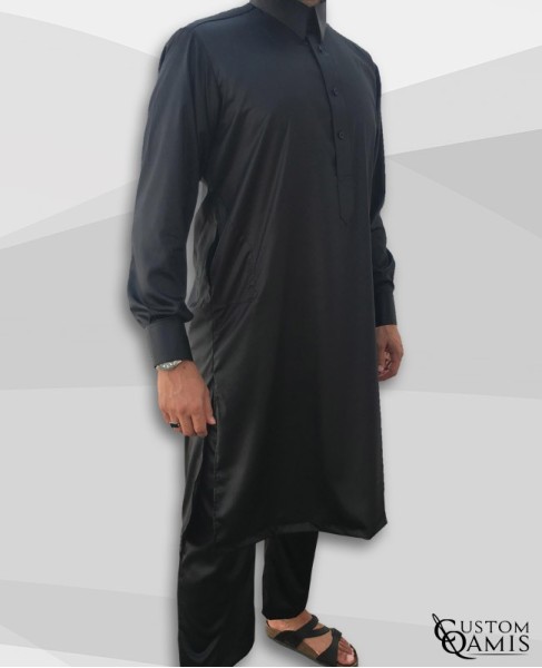 Pakistani set black with Qatari collar and sarouel straight cut