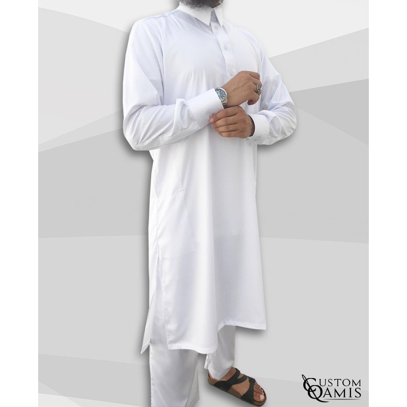 Ensemble Pakistannais Blanc col Qatari avec serwel coupe droite