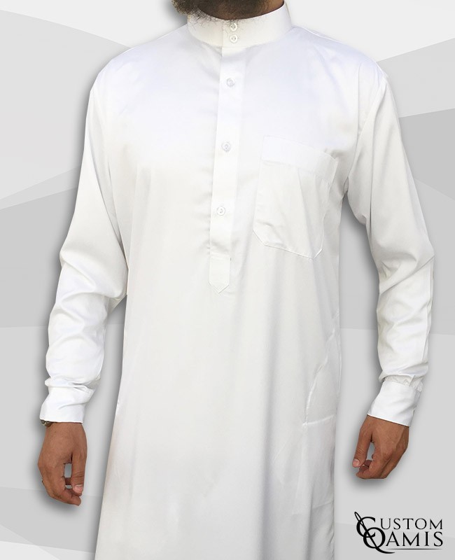 Qamis Saoudien Tissu Spring Blanc avec Manchettes souples