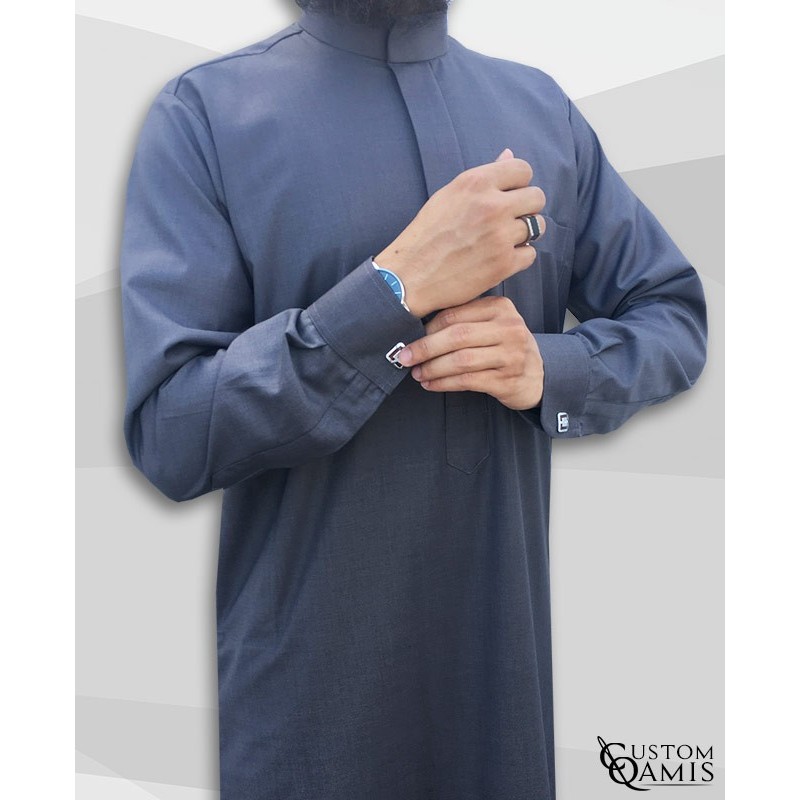 Qamis Saoudien Tissu Cashmere Wool Gris bleuté avec manchettes 