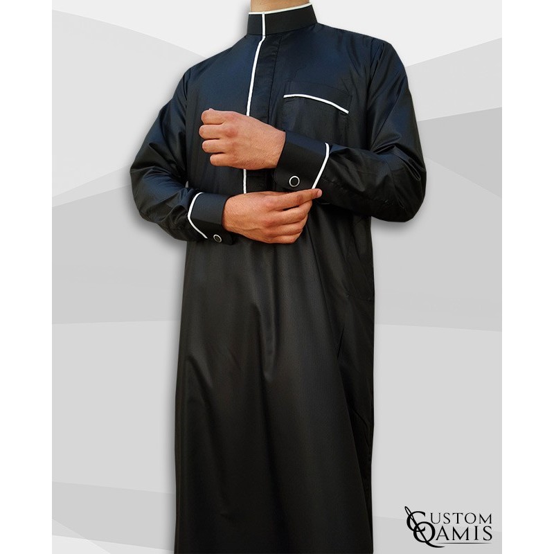 Edge thobe fabric Precious black matt and white satin with cuffs