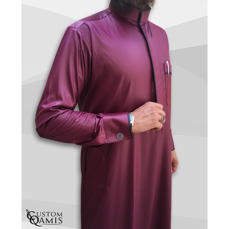 Qamis Edge tissu Precious bordeaux satiné et noir satiné avec manchettes