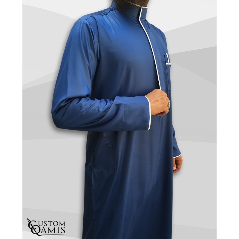 Qamis Edge tissu Precious bleu roi satiné et blanc satiné 