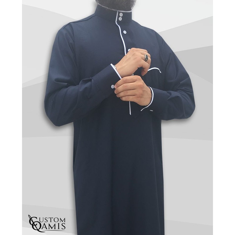 Qamis Edge tissu Platinium bleu marine et blanc