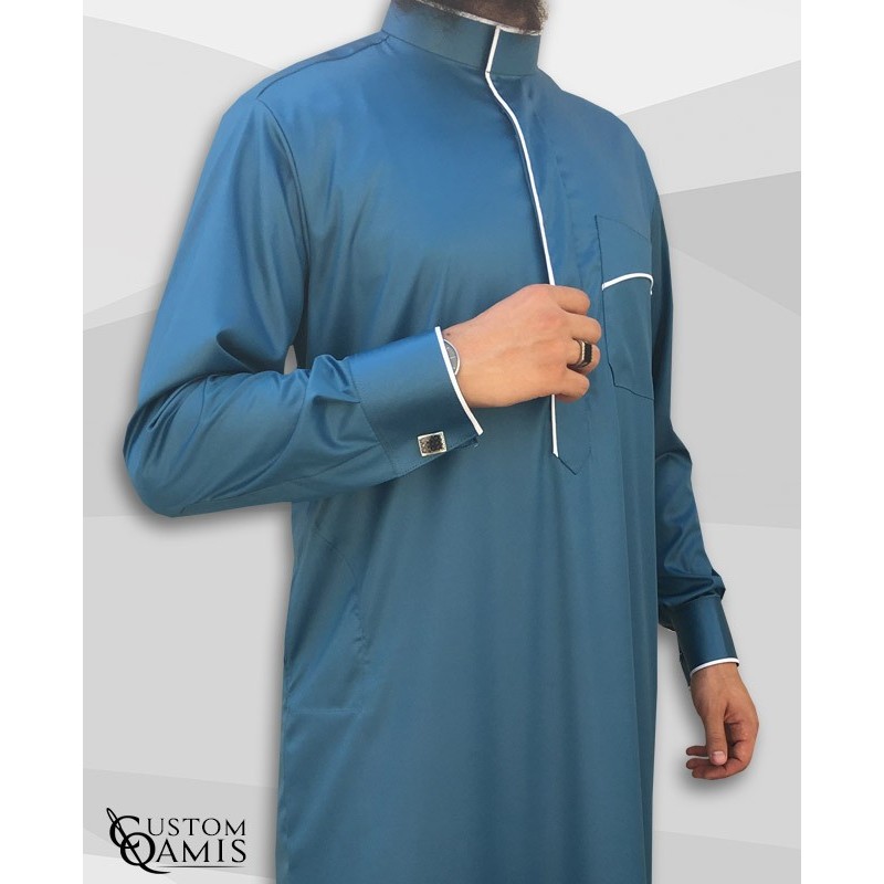 Qamis Edge tissu Precious vert bleuté satiné et blanc satiné avec manchettes
