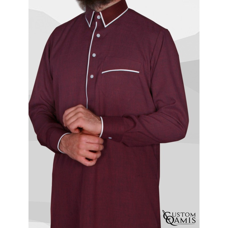 Qamis Edge tissu Imperial bordeaux et blanc