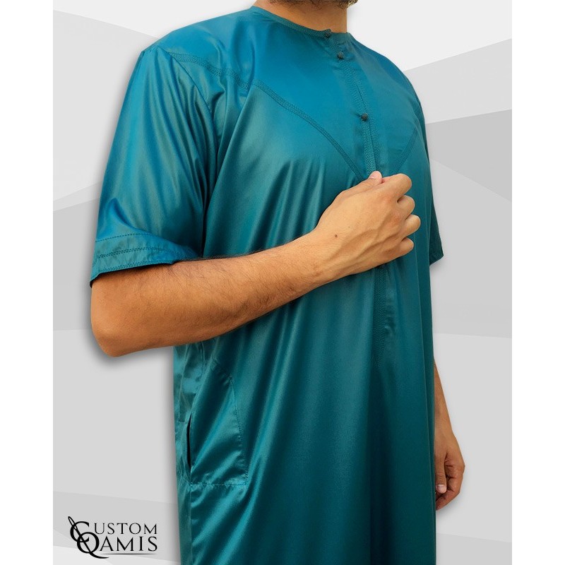 Emirati Thobe bluish green satin with short sleeves