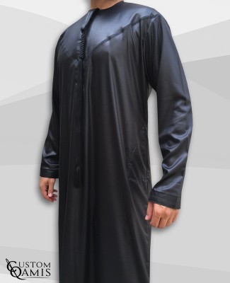 Emirati Thobe fabric Precious black satin with Tarboucha (lash) detachable