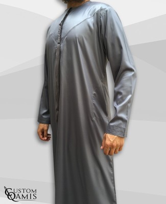 Emirati Thobe fabric Precious grey satin with Tarboucha (lash) detachable