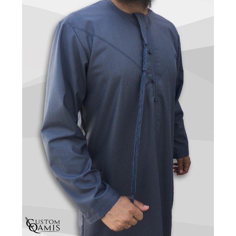 Qamis Emirati tissu Cashmere Wool Gris bleuté avec tarboucha détachable