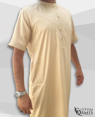 Emirati Thobe beige satin with short sleeves