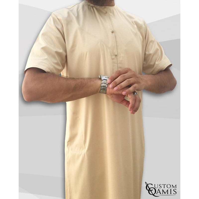 Emirati Thobe beige satin with short sleeves