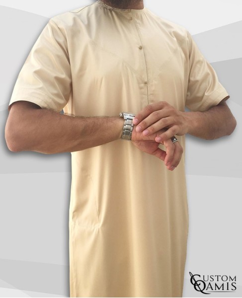 Emirati Thobe beige satin with short sleeves