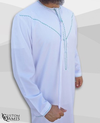  Emirati Thobe fabric Precious white satin with Tarboucha (lash) detachable and Embroidery green 