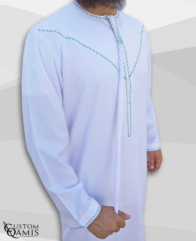  Emirati Thobe fabric Precious white satin with Tarboucha (lash) detachable with Embroidery green 