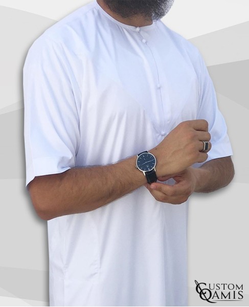 Emirati Thobe white satin with short sleeves