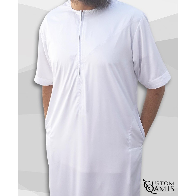 Emirati Thobe white satin with short sleeves with zip (zipper) 