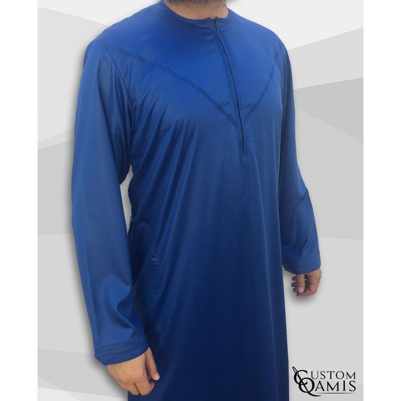 Qamis Emirati tissu Precious bleu roi mat avec tarboucha détachable et fermeture à zip (fermeture éclair)  