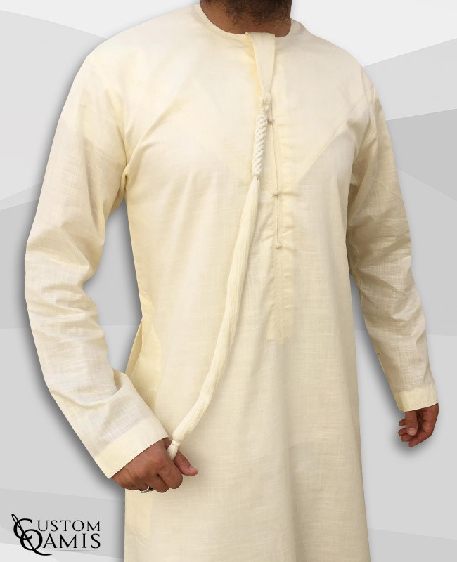  Emirati Thobe fabric Linen light yellow with Tarboucha (lash) detachable 