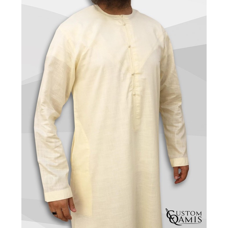 Qamis Emirati tissu Linen jaune clair avec tarboucha détachable 
