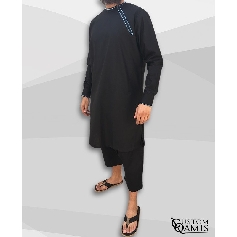 Pakistani set Platinium black with sky blue embrodery and sarouel straight cut