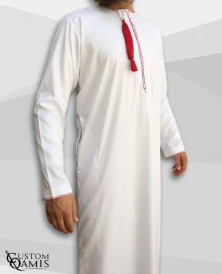 Omani thobe fabric Platinium white and red embroidery