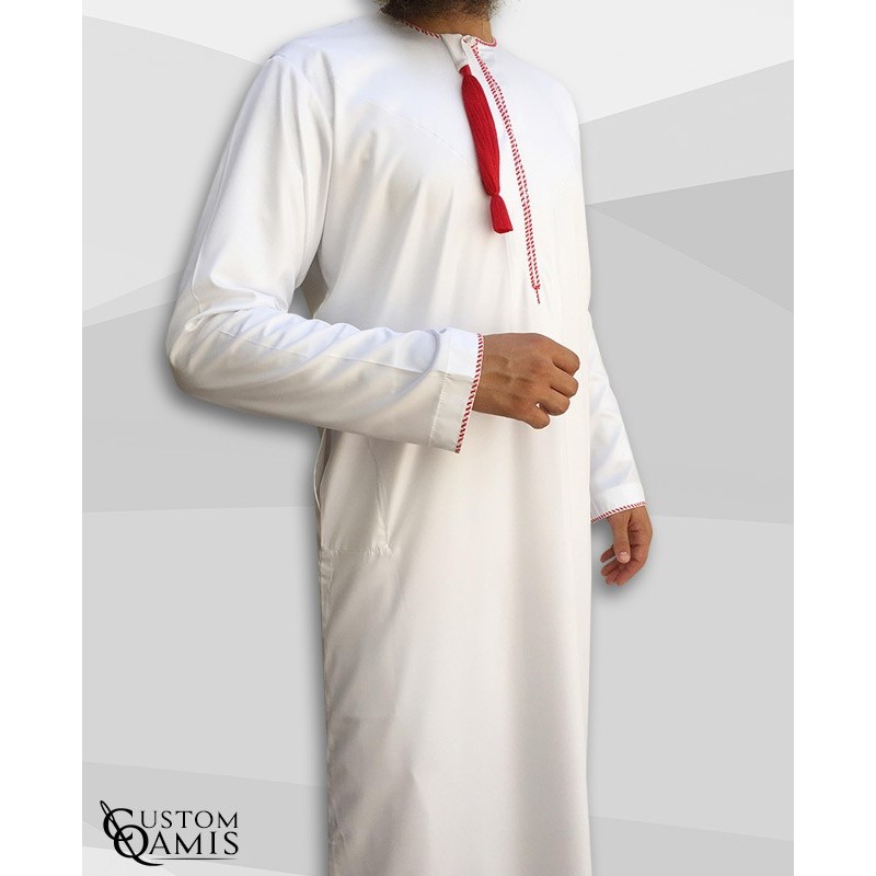 Omani thobe fabric Platinium white and red embroidery