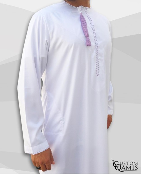 Omani thobe fabric Precious white and light purple embroidery