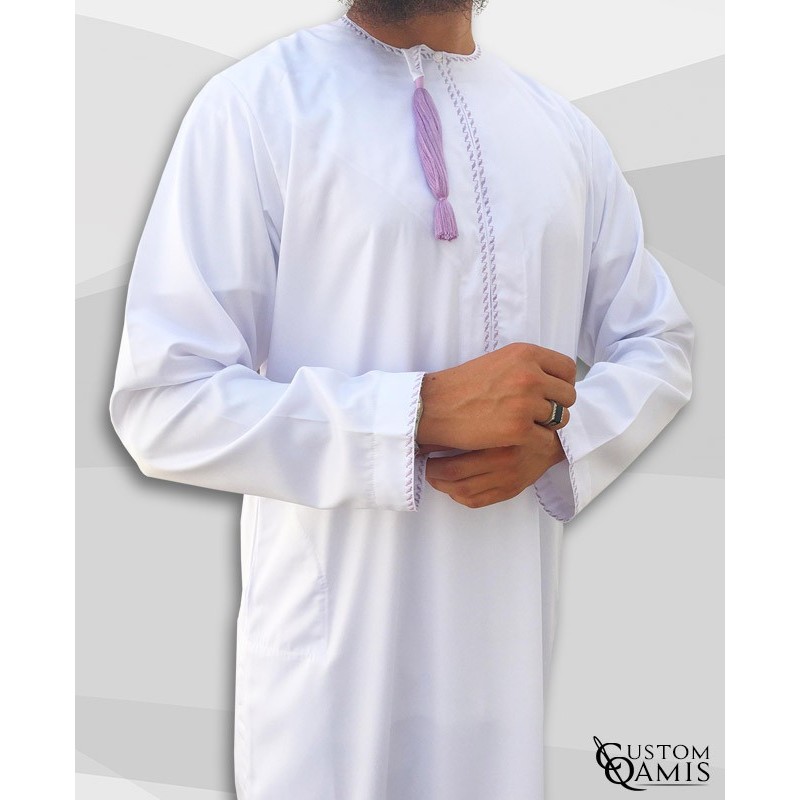 Omani thobe fabric Precious white and light purple embroidery