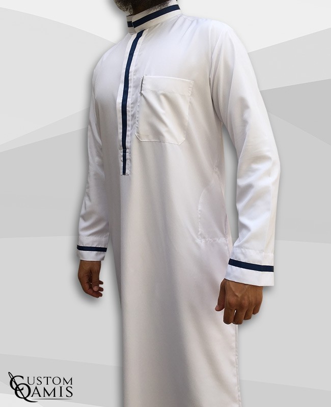 Trend thobe fabric Platinium white and navy blue strips saudi collar