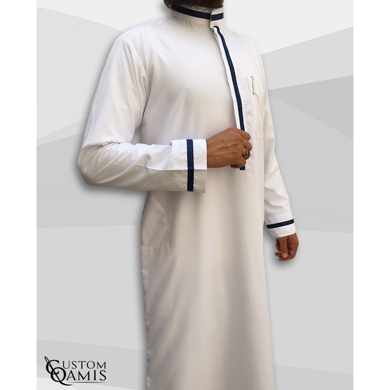 Trend thobe fabric Platinium white and navy blue strips saudi collar