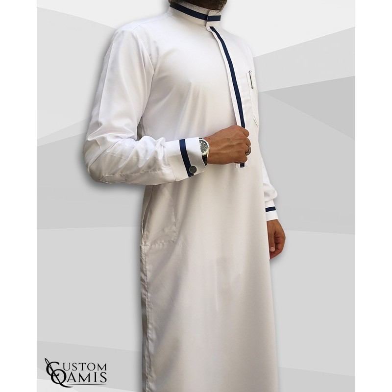 Trend thobe fabric Platinium white and navy blue strips saudi collar with cuffs