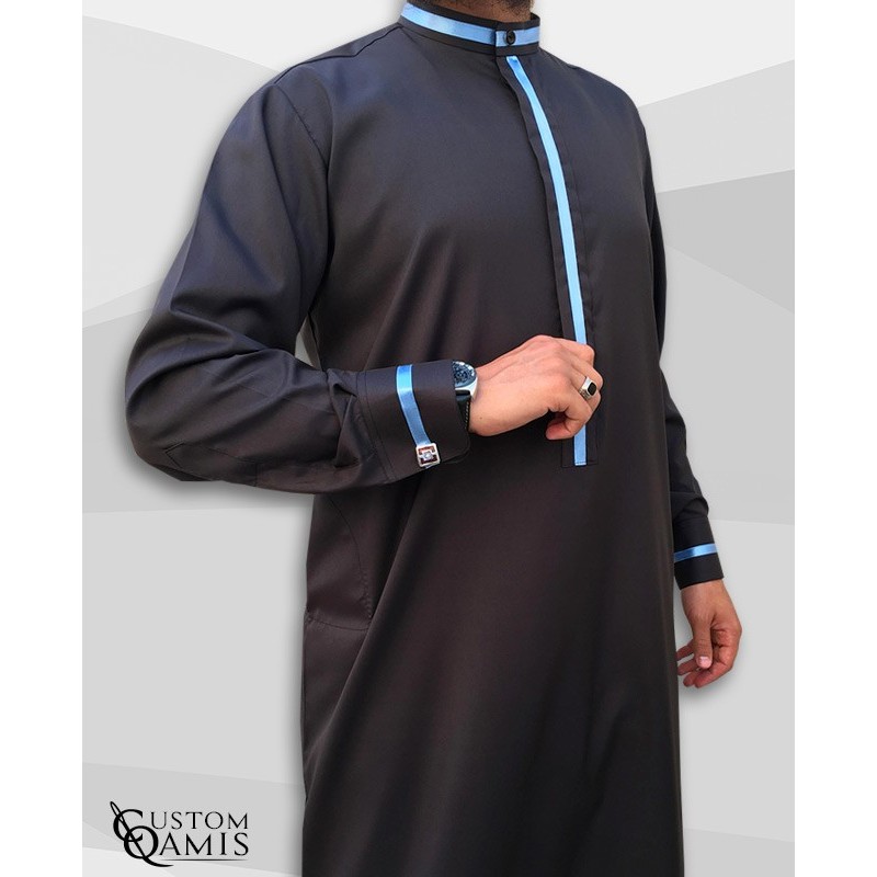 Trend thobe fabric Platinium black and sky blue strips Kuwaiti collar with cuffs