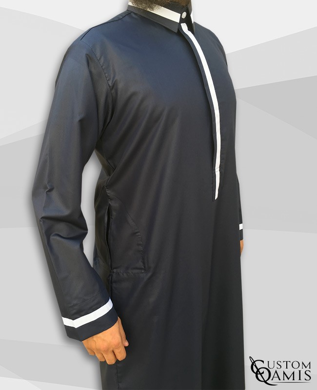Trend thobe fabric Precious black satin and white strips wiith Qatari collar