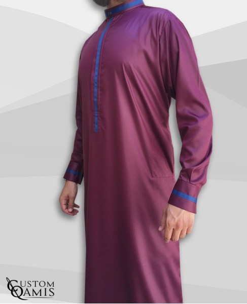 Trend thobe fabric Precious burgundy satin and navy blue strips with Kuwaiti collar