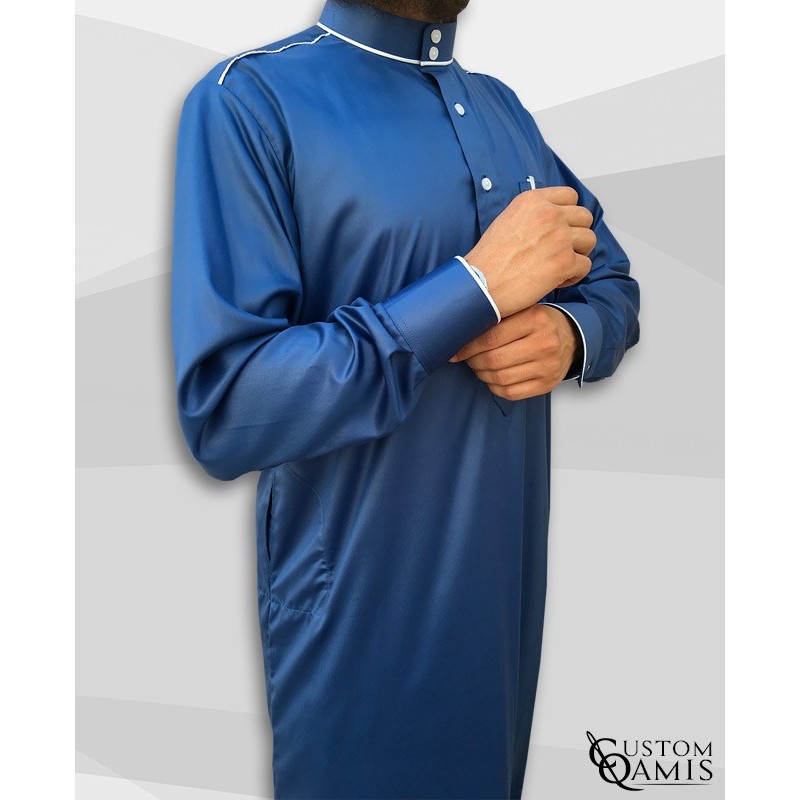 Qamis Trim tissu Precious bleu marine et blanc satiné