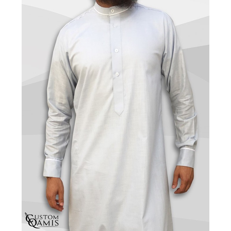 Qamis Trim tissu Linen gris clair et crème