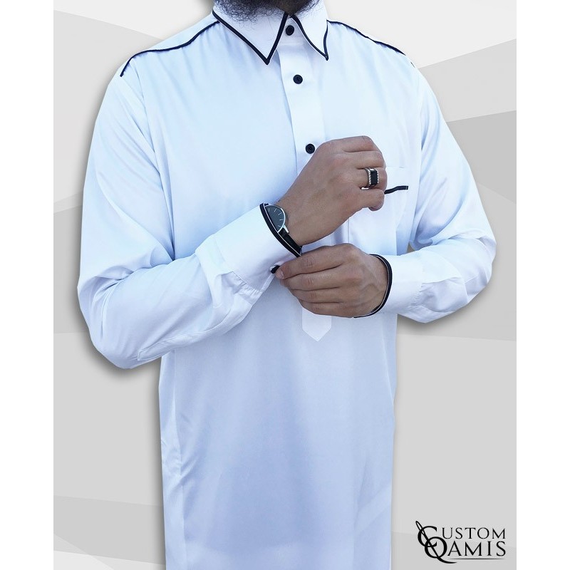 Qamis Trim tissu Precious bllanc et noir satiné col Qatari