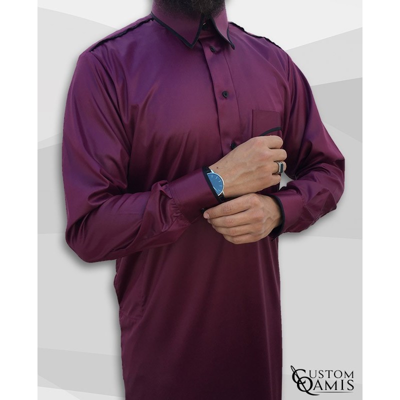 Qamis Trim tissu Precious bordeaux et noir mate col Qatari