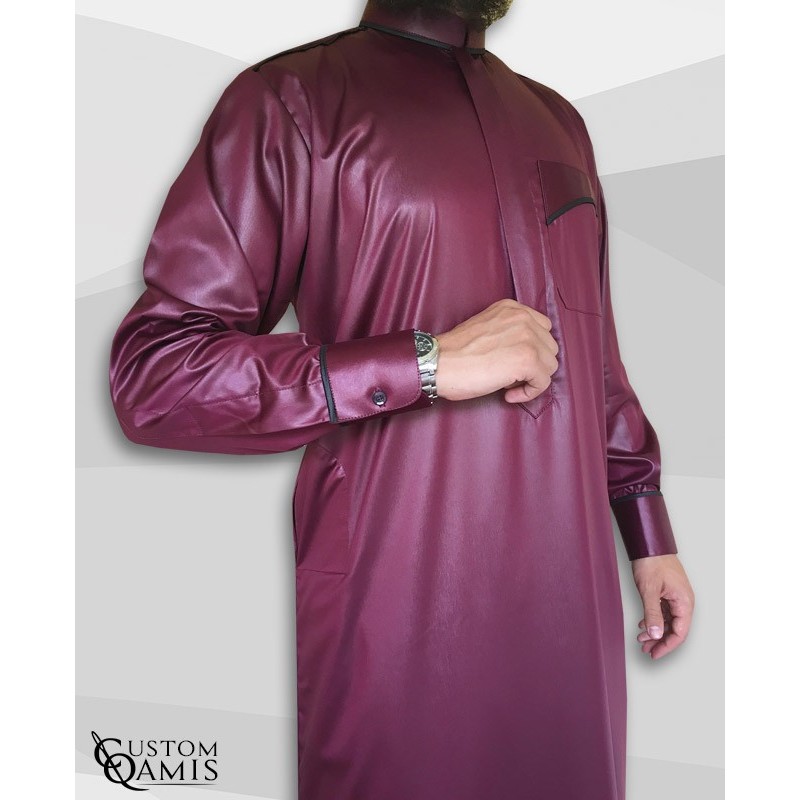 Qamis Trim tissu Precious bordeaux et noir satiné col Abadi