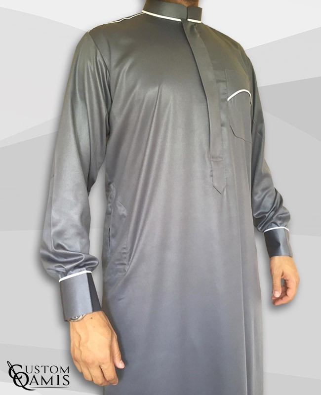 Trim thobe fabric Precious grey and white satin Abadi collar