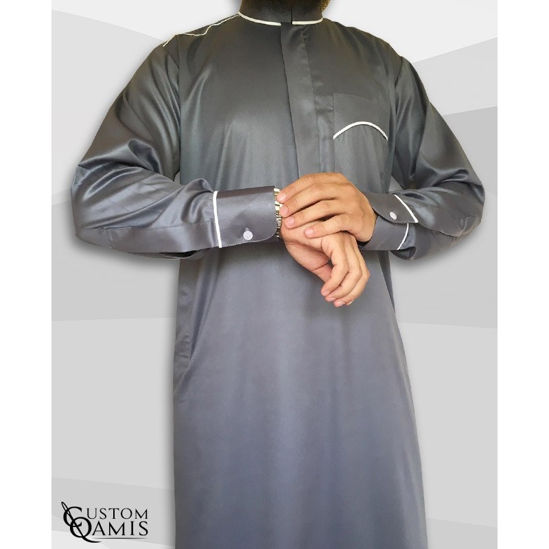 Qamis Trim tissu Precious gris et blanc satiné col Abadi