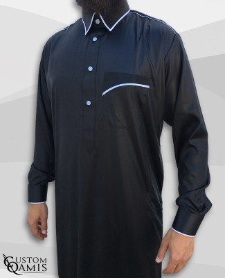 Trim thobe fabric Precious black and sky blue matt Qatari collar