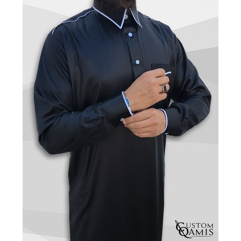 Qamis Trim tissu Precious noir et bleu ciel mat col Qatari