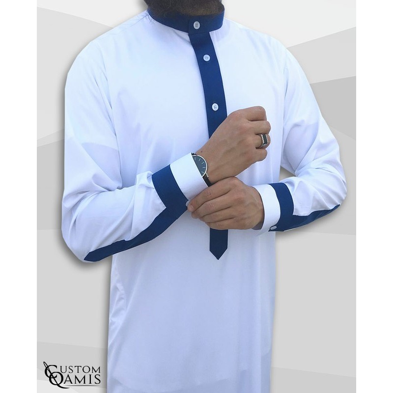 Qamis Two Tone tissu Precious blanc et bleu roi mat col Koweti