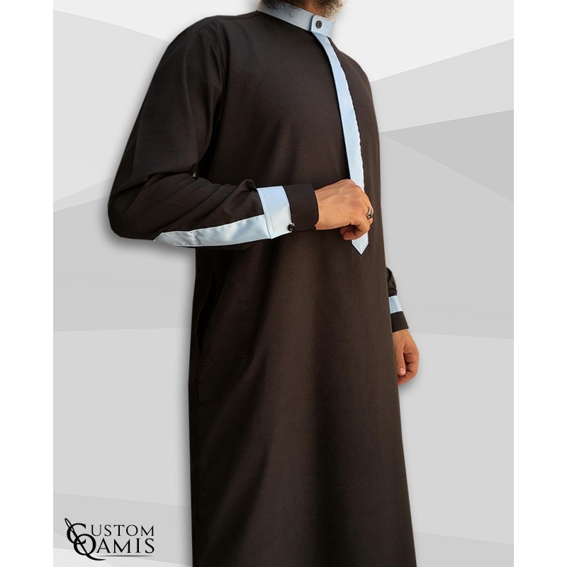 Qamis Two Tone tissu Spring noir et bleu ciel col Koweti