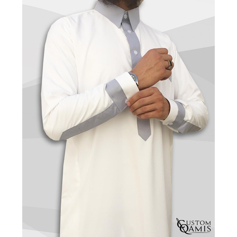 Qamis Two Tone tissu Spring crème et gris clair col Qatari